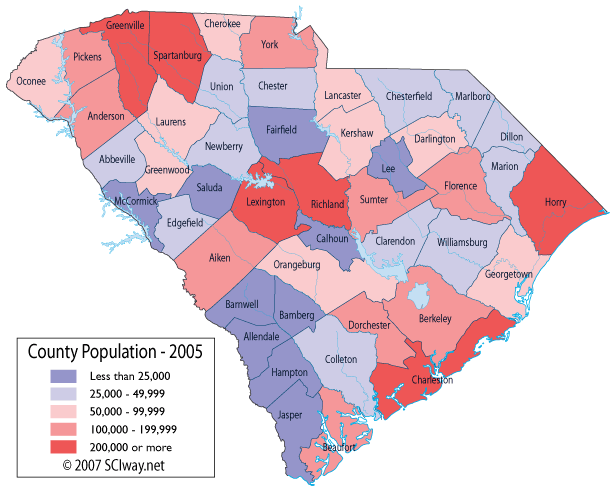SC Counties Ranked by Their Population in 2005 Map