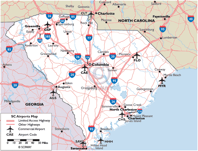 Map of South Carolina Commercial Airports