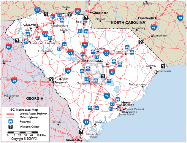 i 95 south carolina map Map Of South Carolina Interstate Highways With Rest Areas And i 95 south carolina map
